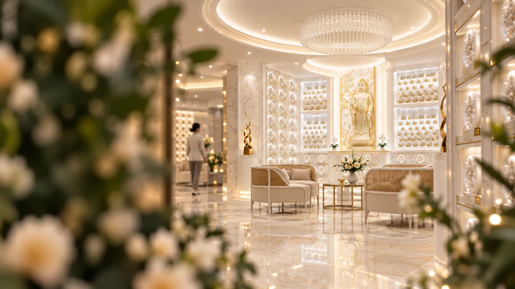 A columbarium suite with a golden Buddha, lit niche walls and lounge seating